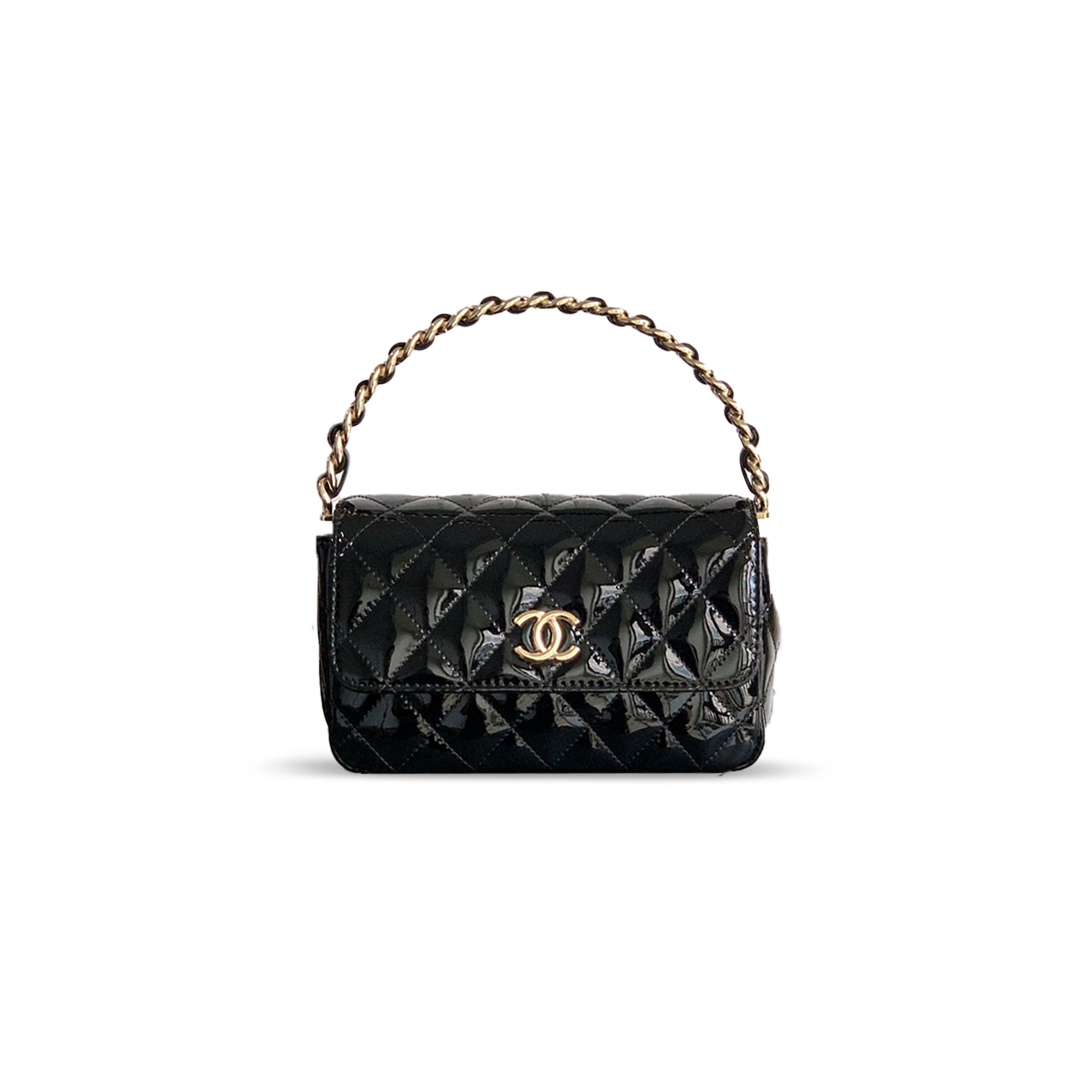 CHANEL HANDLE FLAP BAG PATENT CALFSKIN & GOLD METAL BLACK 496582 (18.5*10.5*8cm)